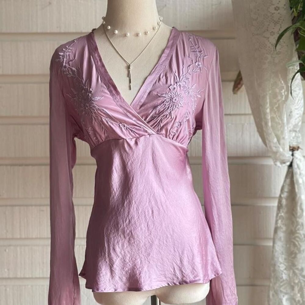 VTG Y2K Worthington 100% Silk Embroidered Blouse Top Medium Pink Fairycore